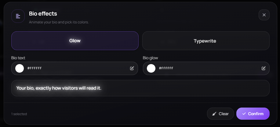The Bio effects picker — Glow and Typewrite for your bio, with separate bio-text and bio-glow colors and a live preview.