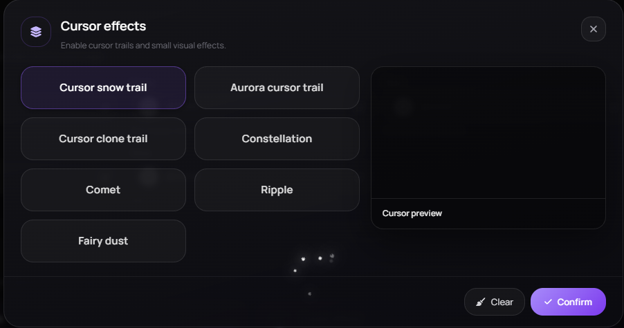 The Cursor effects picker — snow and aurora trails, clone, constellation, comet, ripple and fairy dust, with a live cursor preview.