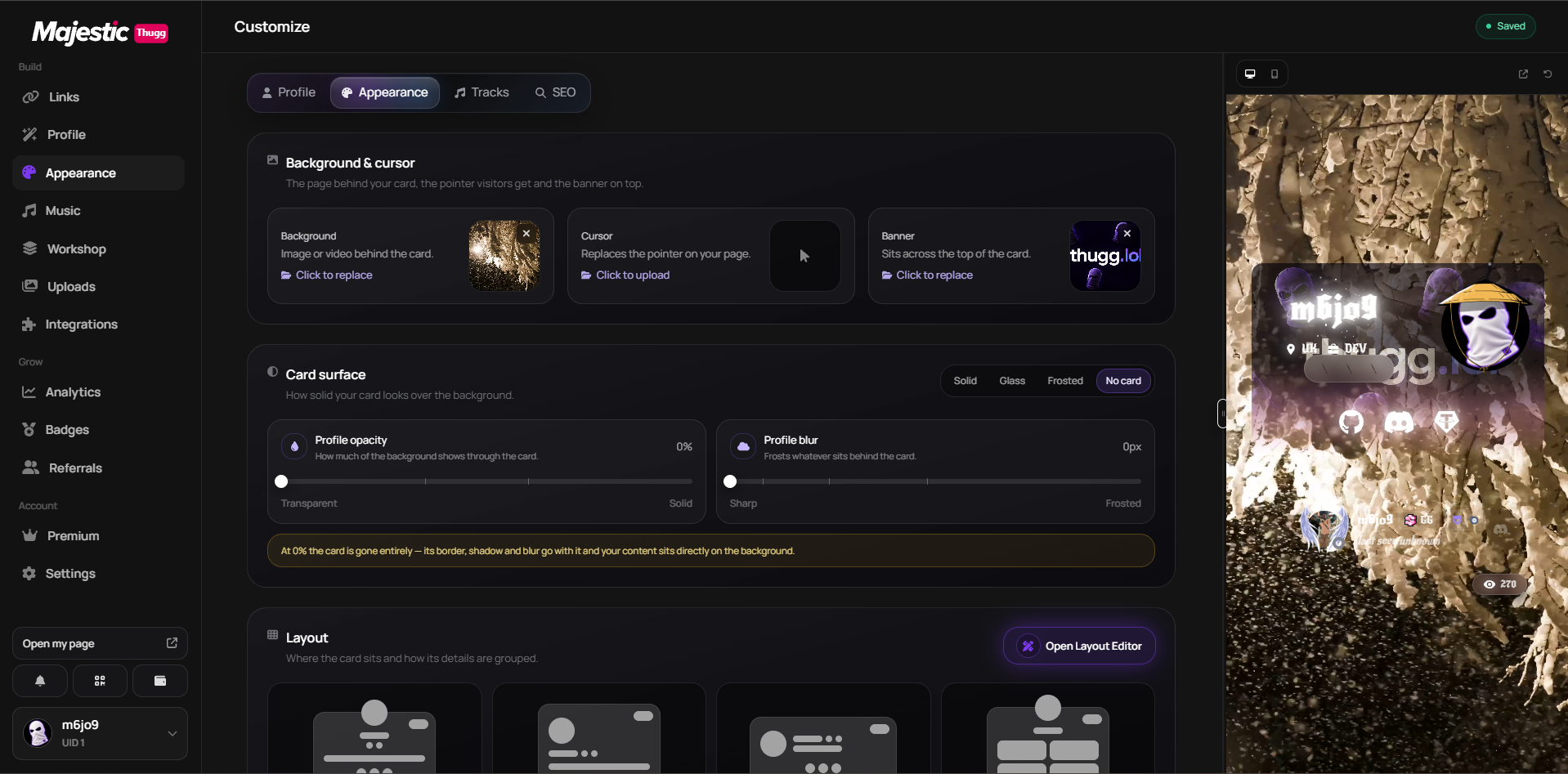 The Customize → Appearance panel — background, color pickers and the live preview of your card.