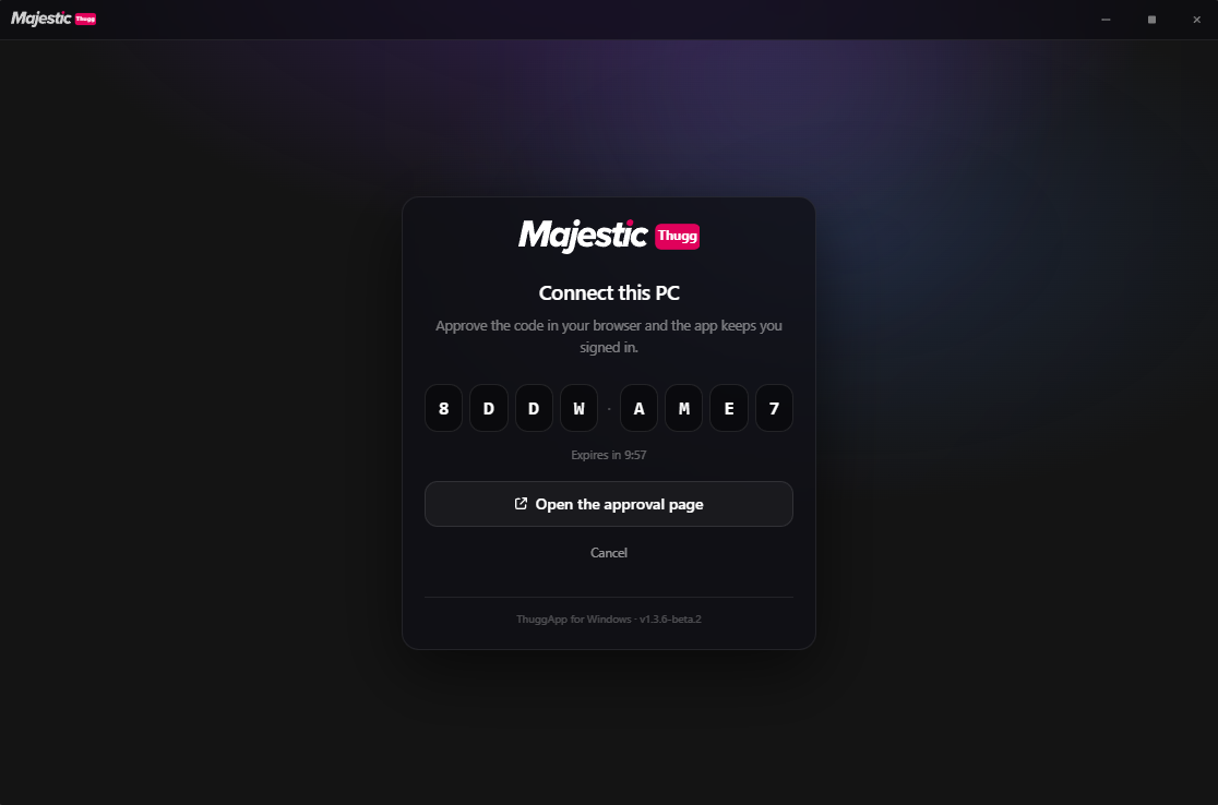 The desktop app's Connect this PC screen — the eight-character pairing code and the button that opens the approval page.