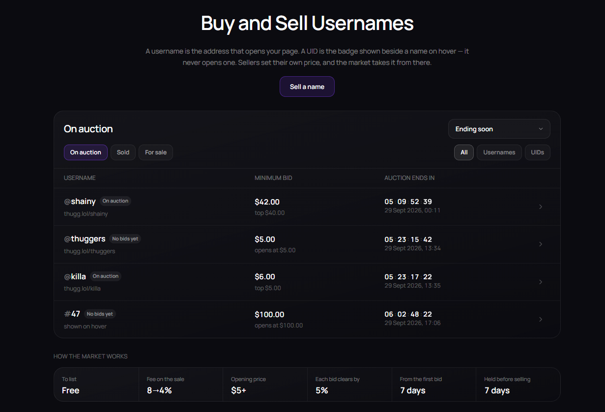 The Username Market — name cards with their state, the current top bid and the Buy now button.