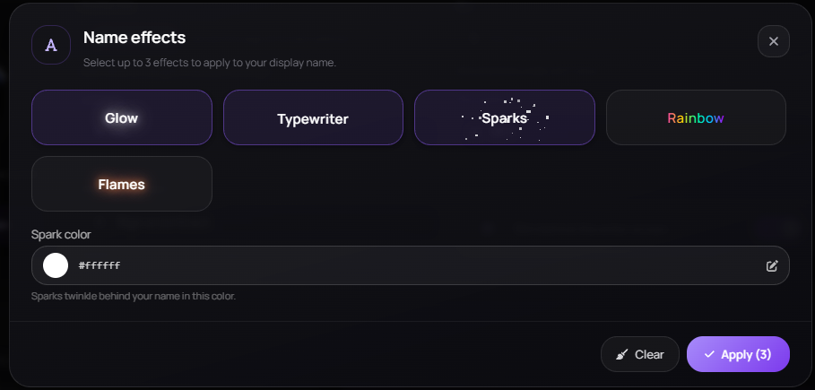 The Name effects picker — Glow, Typewriter, Sparks, Rainbow and Flames, up to three at once, with the spark-color field.