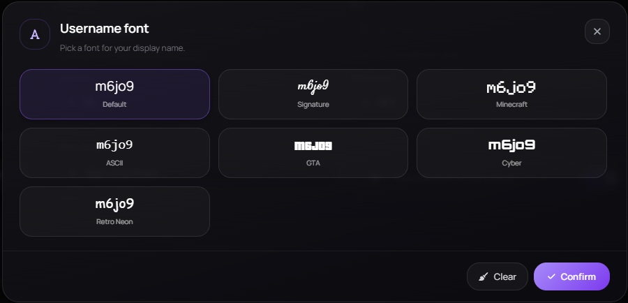 The Username font picker — Default and Signature free, plus the Premium Minecraft, ASCII, GTA, Cyber and Retro Neon faces, each previewed on your name.