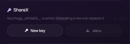 The ShareX card in Uploads → Settings — the Generate key button and the .sxcu download.