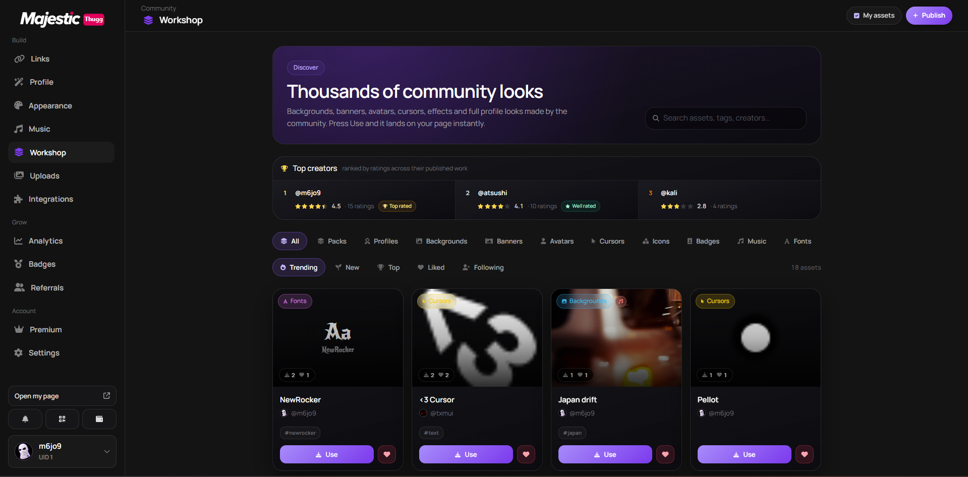 The Workshop grid — category filters, the Trending, Featured and New tabs, and asset cards.